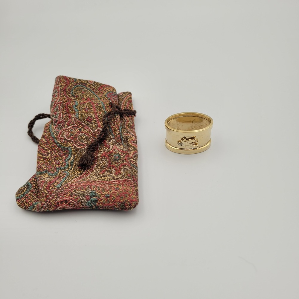 Etro Scarf Ring Gold Tone Pegasus Logo Two Tone with Paisley Pouch Accessory
